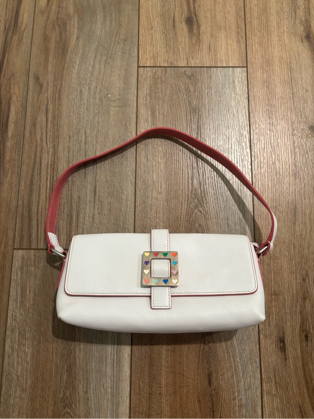 Vintage Dooney & Bourke White & Pink Leather Shoulder Bag Colorful Hearts Buckle